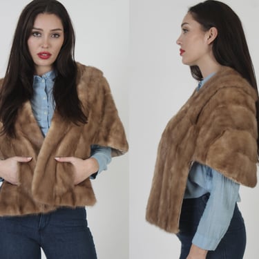 Authentic 60s Womens Real Brown Mink Fur Stole With Pockets 