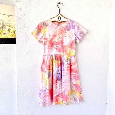 Vintage 50s does 80s Artsy Pink Floral Dress // Short Sleeve Apron Dress 