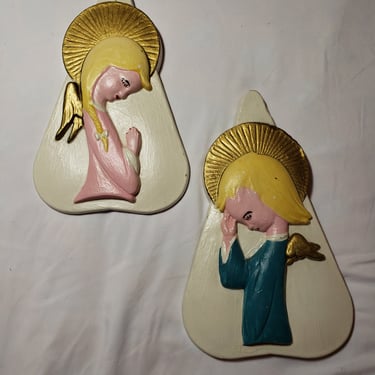 Vintage 1960s Praying Boy or Girl plaster Wall Plaques 