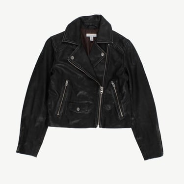 Black cropped real leather jacket, zip up womens Y2K vintage Topshop jacket - Small 