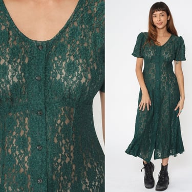 Sheer LACE Dress Green Lace Midi Dress 90s Sheer Short Sleeve Bohemian Grunge Button-Up Vintage Shift Cocktail Witchy Forest Green Small 
