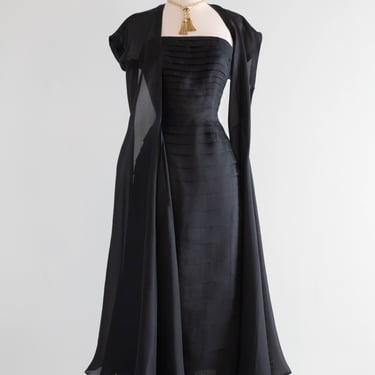 Elegant 1950's Couture Pleated Black Silk Evening Dress / Small