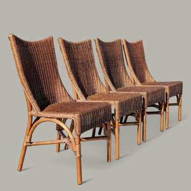 Vintage rattan dining chair set, 4 boho chic woven wicker high back chairs, Tiki style seating, Kitchen, Dining Room 