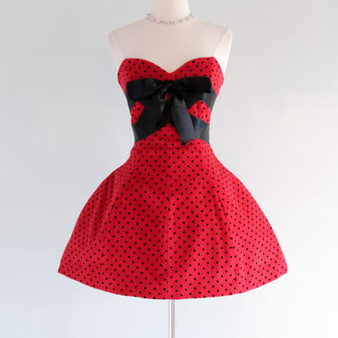 Vintage 1990's Red & Black Polka Dot Strapless Mini Dress by Oliver Valentino / SM