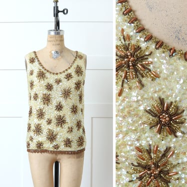 vintage 1960s heavily beaded sweater • pale gold & bronze sequined MCM starburst wool top • Mayfield Mall 