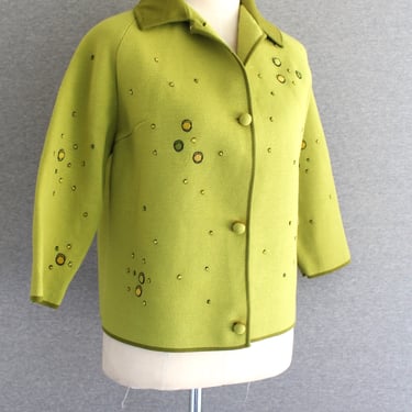 1960s - Peas Please - Italy -  Mid Century Mod - Wool Knit Cardigan - Embroidered - Estimated size M/L - by Gentucca 