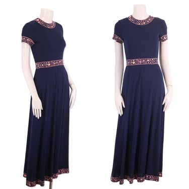 70s AVERARDO BESSI maxi dress, vintage 1970s navy blue silk jersey print gown, Italian designer vintage dress S 