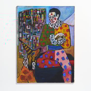 Vintage 1948 Clown and Dog Acrylic on Canvas Painting // Artist Signed 