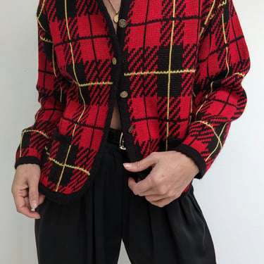 Vintage Crimson Plaid Cardigan