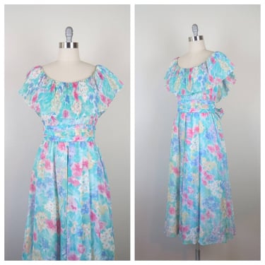 Vintage 1980s floral dress, Lanz, pastel, cottage, pleated, ruffle neck, medium 