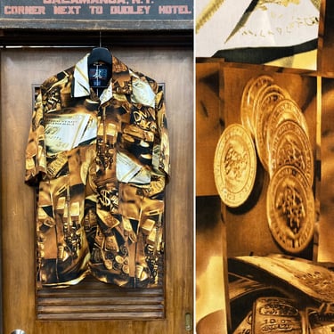 Vintage 1990’s -Deadstock- Money Gold Currency Photoprint AOP Poly Hawaiian Shirt, 90’s Loop Collar Shirt, Vintage Clothing 