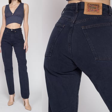 Small 90s High Waisted Dark Indigo Mom Jeans 25.5" | Vintage Denim Tapered Leg Jeans 