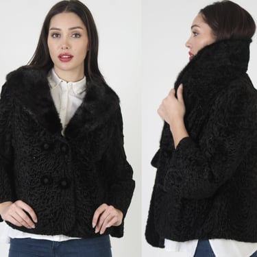 Double Breasted Real Black Persian Lamb Fur Jacket With Black Mink Trim 