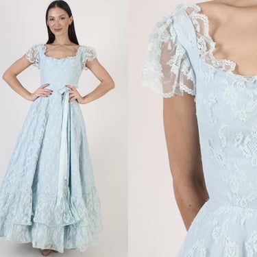 Mike Benet Blue Lace Maxi Dress, Romantic Country Saloon Gown, Vintage Full Skirt Prom Outfit 