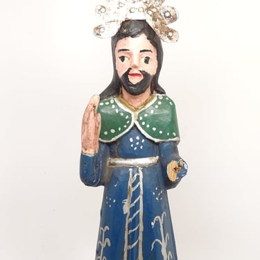 Early 1900's Antique Santos with Tin Halo, Vintage Polychrome Saint Religious Statue, Religious Church Folk Art 