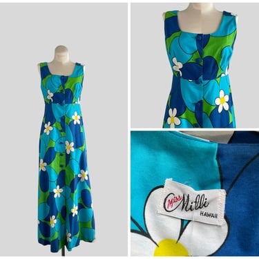 SUMMER BOUQUET FOREVER Vintage 60s Miss Milli Hawaii Dress | 1960's Floral Motif Maxi Sun Dress | Summer Long Dress | Size X Small 