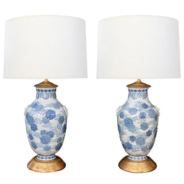 Important Pair of Japanese Meiji Period Blue &amp; White Vases Now Mounted as Lamps