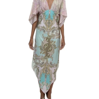 Morphew Collection Pink, Olive Green  Sky Blue Silk Paisley 2-Scarf Dress Made From Vintage Scarves 