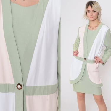 90s Color Block Dress Sage Green Attached Vest Midi Dress Cream White Long Sleeve Dress Shift Vintage 1990s Small 6 