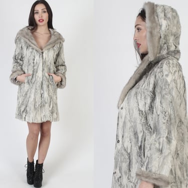 Real Grey Persian Lamb Hooded Fur Coat, Silver Mink Trim Hood And Sleeve Cuffs, Braodtail Winter Overcoat with Pockets 