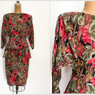 Vintage ‘80s ‘90s tropical floral print peplum dress with dolman sleeves & shoulder pads | ‘80s does ‘40s dress, S/M 