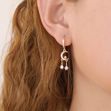 E144 14k gold filled star dangle earrings, star earrings, moon earrings, celestial earrings, moon star dangle earrings, star huggies 