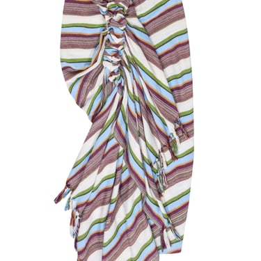 Just Be Queen - Ivory &amp; Multicolor Striped Linen Blend Asymmetrical Skirt Sz XS