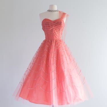 Stunning 1950's Coral Splendor Prom Dress / Waist 26