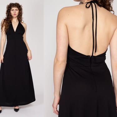 Medium 70s Black Halter Maxi Dress | Vintage Boho Sleeveless Backless Sundress 