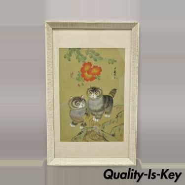 Vintage Chinese Watercolor Silkscreen Framed Painting of Cats and Flowers