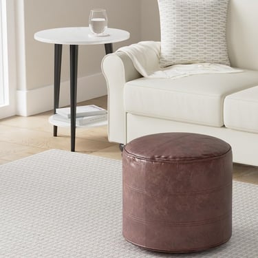 Connor Boho Round Pouf Ottoman in Distressed Brown Genuine Leather FFW258-613