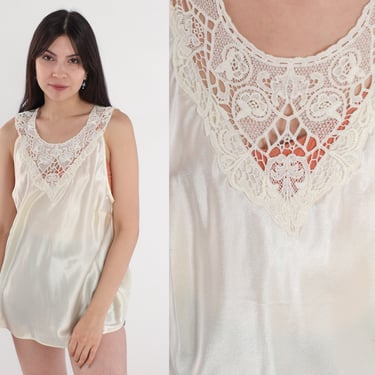 90s Cami Top White Satin Camisole Lingerie Tank Top Crochet Lace Shirt Silky Romantic Sleep Shirt Vintage 1990s Bohemian Large L 