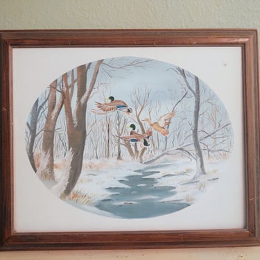 1989 Vintage Wood Framed Original Painting on Canvas of Mallard Ducks in Snow Scene Signed 