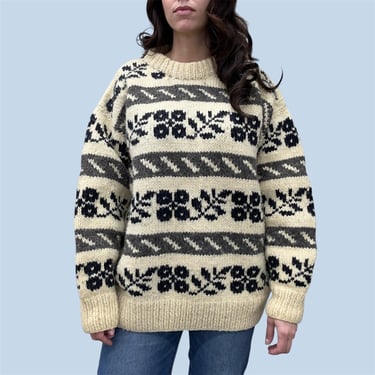 Vintage Sweater Retro 1990s Runa Maki + Ecuadorian + Hand Knit + Wool + Size XL + Fair Isle Cream + Black and Grey + Unisex Apparel 