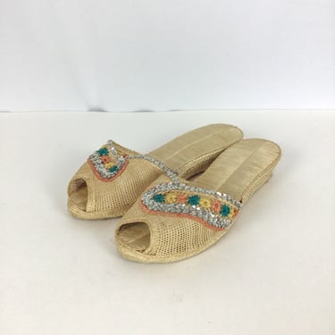 Vintage 50s slides | Vintage embroidered woven shoes | 1950's rafia peep toe sandals 