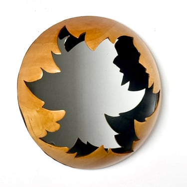 Vintage Studio Craft Round Brutalist Wood Wall Hanging Mirror Sculpture 1980s 