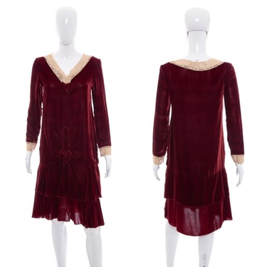 1920's Red Wine Velvet and Lace Detail Dress Size S/M