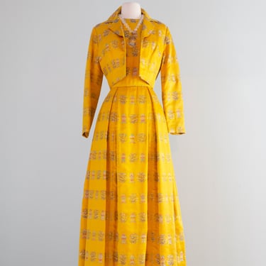 Spectacular 1960's Custom Couture Marigold Chinese Silk Evening Gown & Jacket / Med.