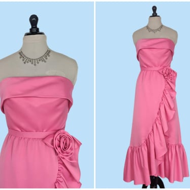 Vintage 1960s Lilli Diamond Evening Gown, Vintage 60s Pink Ruffled Strapless Prom Dress 