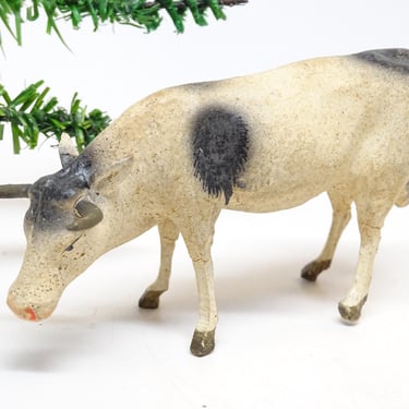 Antique 1930's German Cow with Horns, for Christmas Putz Nativity Creche, Vintage Retro Decor, Vintage Bull Toy Stick Legs 