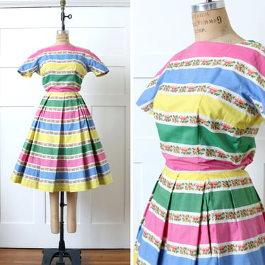 vintage 1950s cotton dress • short sleeve bright stripes bud kilpatrick • pink blue white & green full skirt dress 