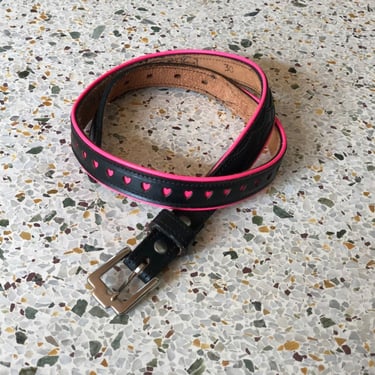 27-30.5" Hot Pink and Black Leather Belt / Heart Belt / Tooled Leather Belt / Silver Hardware Belt /  High Waist Belt / Stagewear 