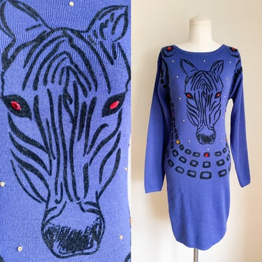 Vintage 1980s Bedazzled Zebra Wool Sweater Dress / XS 