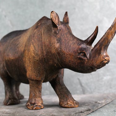 Hand Carved Wooden Rhinoceros Figurine | Rhino Sculpture | Vintage Wood Carving | Repaired Horn 