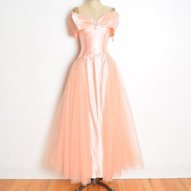 vintage 80s prom party dress gown peach satin tulle off shoulder princess XS 