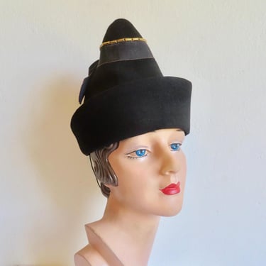 1940's Black Felt Tall Cone Shaped Hat Whimsical Gold Stud Trim 40's Fall Winter Millinery WW2 Era New York Creation W H Block Co. 