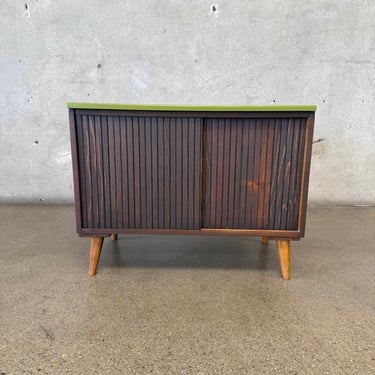 Mid Century Avocado Green Tambour Door Record Cabinet