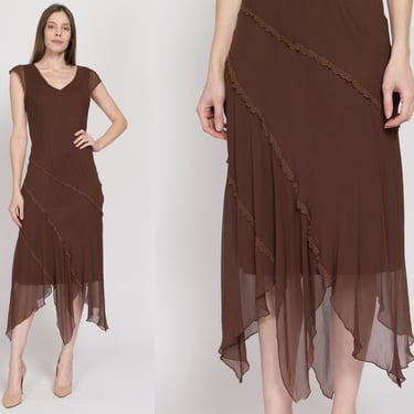 Medium 90s Brown Silk Scarf Hem Party Dress | Vintage Cap Sleeve Boho Lace Trim Hanky Midi Dress 