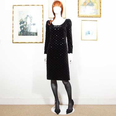 Vintage 1980s Black Velvet Midi Sheath Dress With Sequins Long Sleeves Size S UK 8 