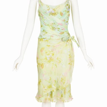 La Perla 2000s Vintage Floral Pastel Green Bustier & Silk Skirt Set Sz M L 